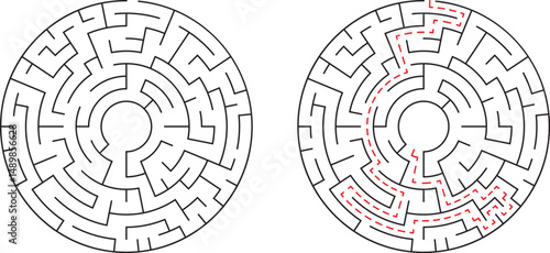 Circular maze solution with path indicated for problem solving and educational concepts