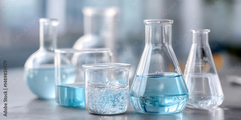 Laboratory glassware with various liquids in scientific setting Laboratory glassware with various liquids in scientific setting