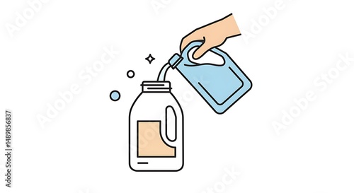 Hand pouring liquid from one plastic container into another. Refilling or decanting solution. Simple line art illustration.