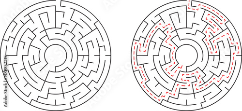 Two circular mazes one solved with red path representing solution or path finding