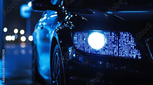 Car headlights casting letters from laptop code