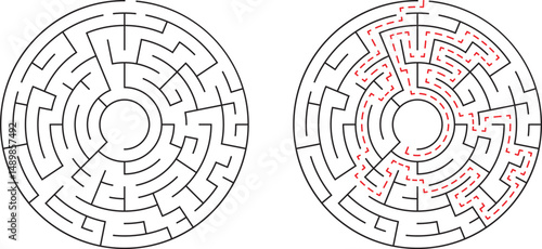 Circular maze illustration with solution pathway highlighting successful problem solving and strategy
