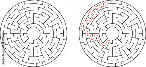 Circular maze illustration shows both the unsolved and solution paths in black and white