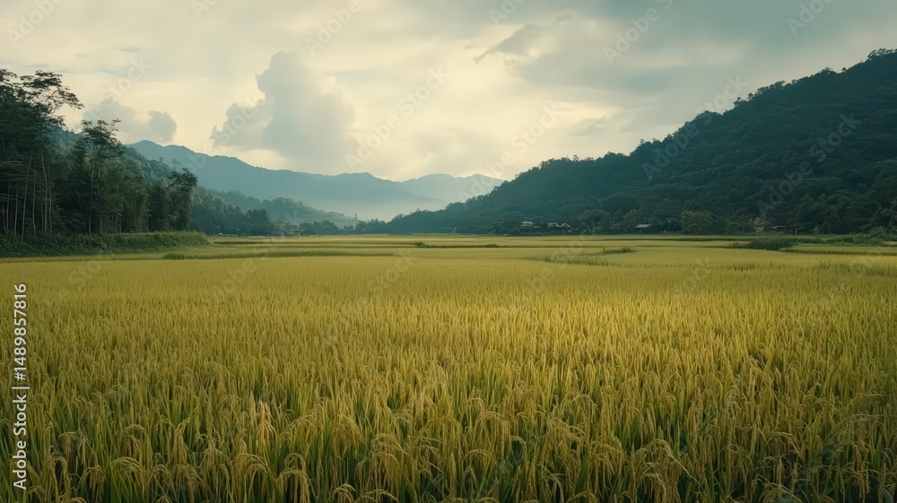 Fototapeta premium Expansive Golden Rice Fields With Distant Rolling Hills Under Dramatic Cloudy Sky