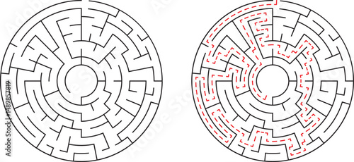 Circular maze illustration with solution path marked providing problem solving concepts clearly