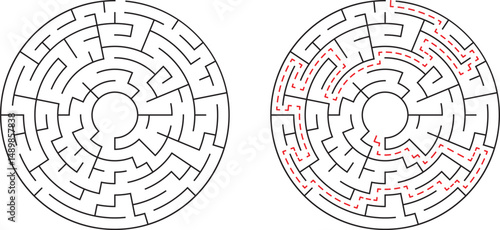 Circular maze with solution path illustrated showing strategy and problem solving concepts