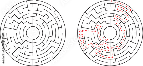 Circular maze illustration showing problem solving solutions and route with dotted red lines