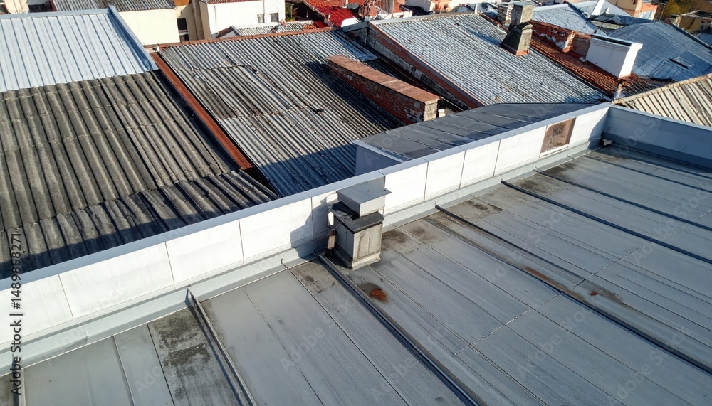 Naklejka premium Diverse Rooftop Surfaces Showcasing Urban Architectural Landscape