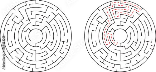 Circular maze with solution path demonstrating problem solving and finding the answer