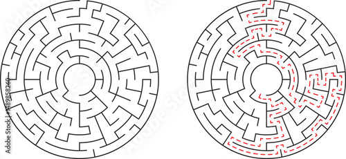 Complex round maze with solved path showing solution and easy understanding for challenges