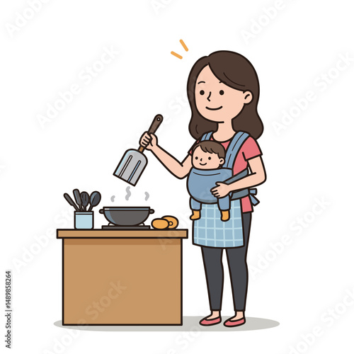Mother cooking happily with baby in a sling at the kitchen counter
