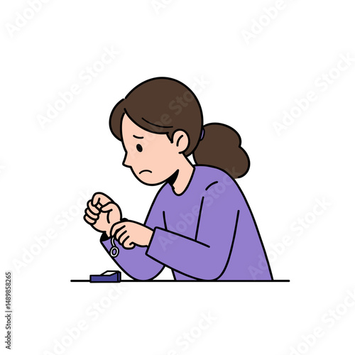 Woman looking upset after losing one earring while sitting at a table