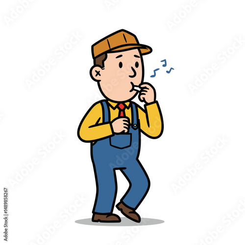 Worker whistling cheerfully while standing in uniform
