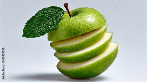 Green apple with a leaf on top is cut into four pieces. Concept of freshness and health, as apples are often associated with these qualities