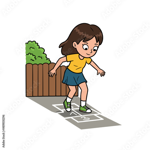Girl playing hopscotch joyfully on outdoor pavement with green surroundings