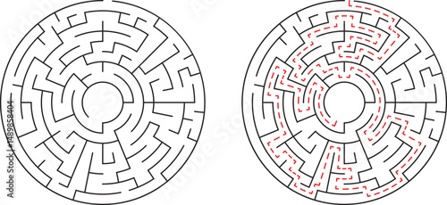 Circular maze with solved path showing correct route for problem solving and finding solution
