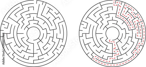 Circular labyrinth puzzle with path finding and solution in black and white illustration