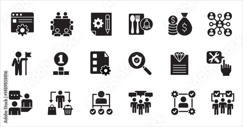 Business company, management flat icon set. Contains symbol of businessman, target, finance, lunchtime, success, hierarchy, data, work, money, employee, task, shop, meeting, job. Vector illustration
