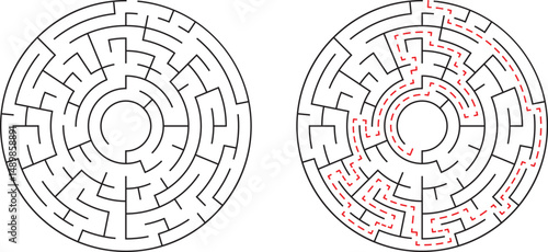 Complex circular maze illustration with solution path marked for problem solving and concepts