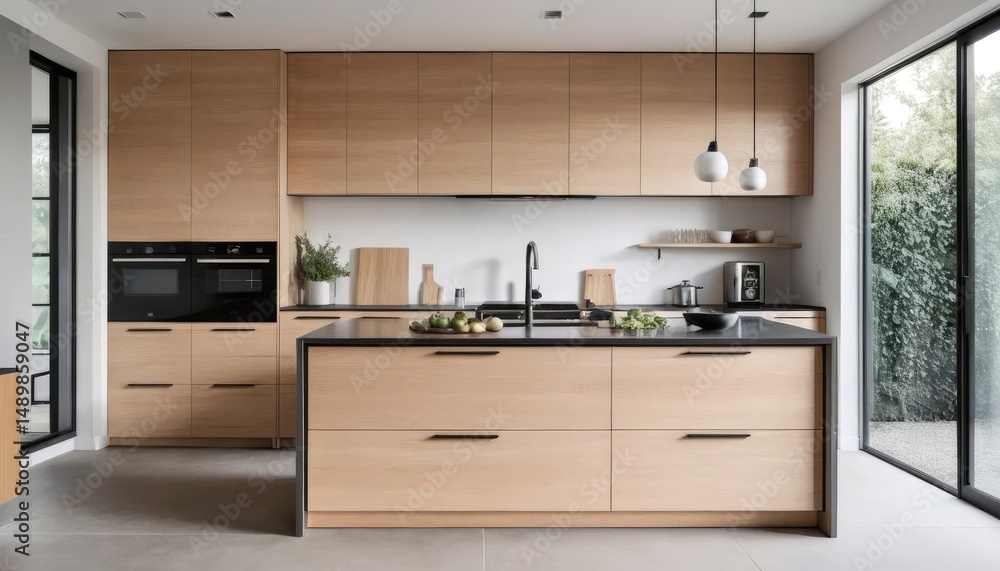 Fototapeta premium Modern Minimalist Kitchen Design with Oak Cabinets and Island