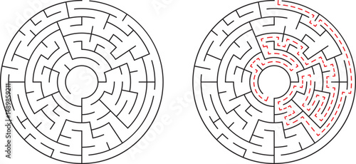 A circular maze design with unsolved path and solved solution in a conceptual arrangement