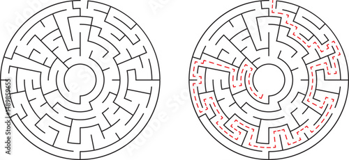Two circular mazes one solved with a red path for problem solving and solutions