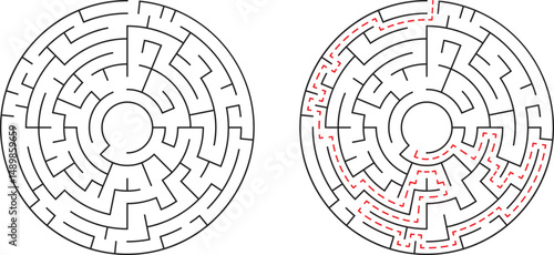 Circular maze vector with solution line illustrating problem solving and navigation