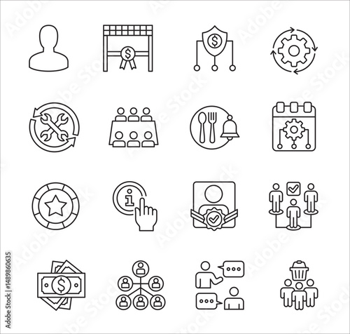 Business company Icon set. Management icon set. Contains symbol of success, data, reward, work, money, employee, businessman, target, finance, lunchtime, shop, meeting, education. Vector illustration
