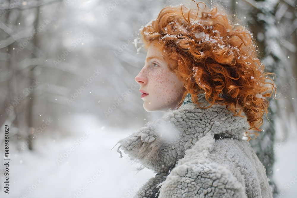 Fototapeta premium Winter Wonderland: Redhead Girl in Snowy Forest, Experiencing the Magic of a Frosty Day, Wearing a Cozy Coat, with Falling Snowflakes, Creating a Serene and Peaceful Atmosphere, Embracing the Beauty o