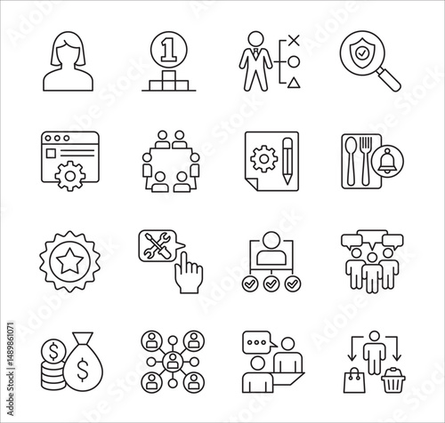 Business company Icon set. Management icon set. Contains symbol of success, data, reward, work, money, employee, businessman, target, finance, lunchtime, shop, meeting, education. Vector illustration