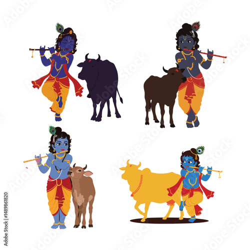Baby Krishna Playing Flute with Cow Vector Illustration - Hindu Festival Art for Janmashtami and Indian Culture .

