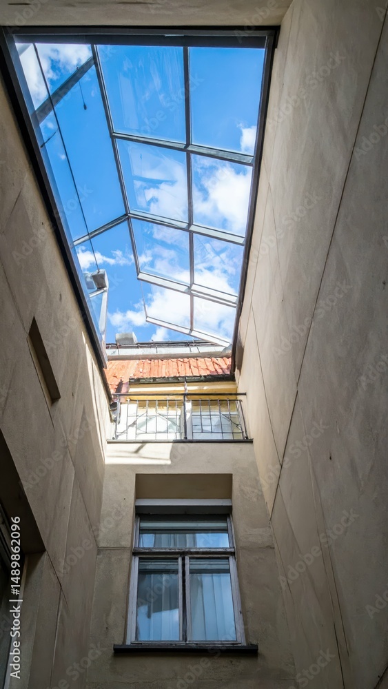 Fototapeta premium Rooftop Skylight View into Building with Clear Blue Sky Above