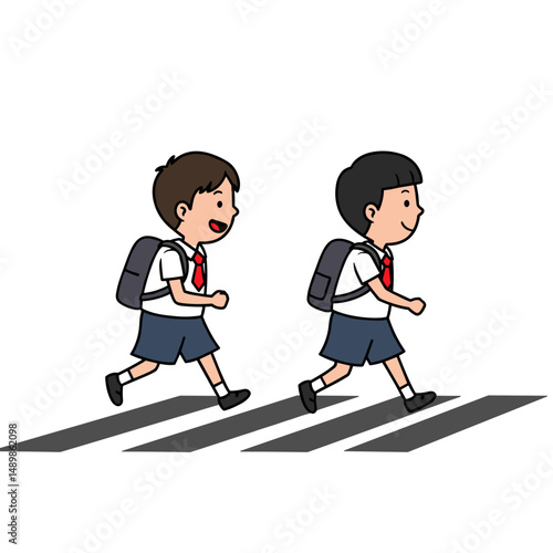 Two schoolboys crossing a pedestrian zone happily with backpacks
