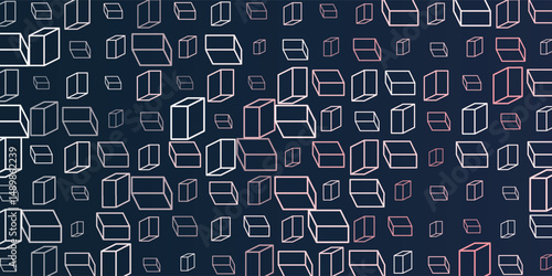 A vibrant abstract pattern of layers of repeating 3D cubes in purple, brown and blue placed on a dark blue background. The bold geometric design and contrasting colors create a striking modern visual.