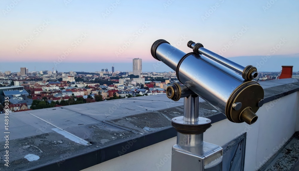 Rooftop Telescope Pointing at the Clear Evening Sky Above Cityscape Rooftop Telescope Pointing at the Clear Evening Sky Above Cityscape
