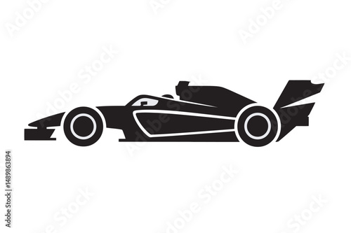 A high-resolution vector illustration of a solid black silhouette racing car, showcasing sleek design