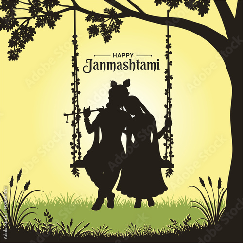 Radha Krishna on Swing Vector Art for Happy Janmashtami Celebration .