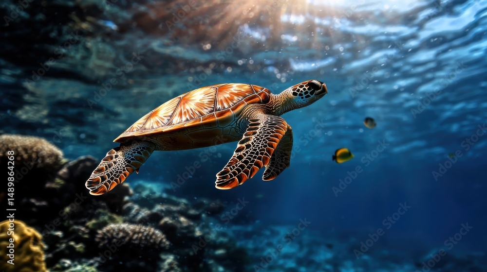 Fototapeta premium A turtle swimming in the ocean with a fish in its mouth