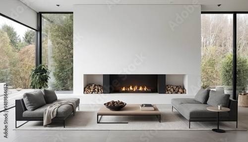 Modern Minimalist Living Room with Fireplace and Large Windows