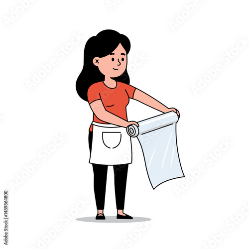 Woman in an apron preparing to use a roll of plastic wrap, showcasing domestic skills
