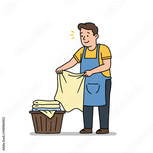 Man in an apron folding laundry with a smile, showcasing domestic responsibility and care
