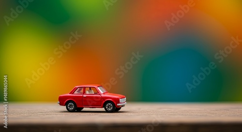 A red toy car is sitting on a wooden table
