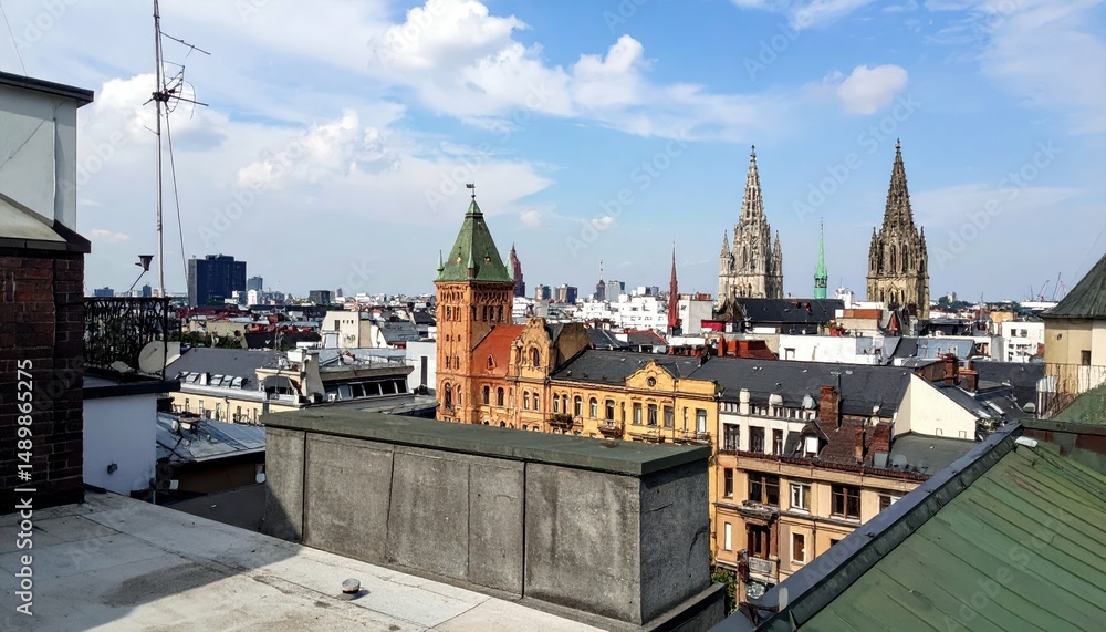 Obraz premium Rooftop View of Diverse Architectural Styles: Gothic, Art Deco, Brutalist