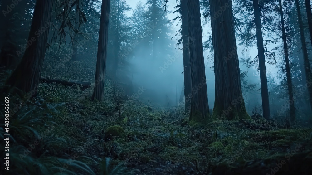 Fototapeta premium Foggy Woodland Landscape with Dark Tree Trunks and Glowing Groundcover