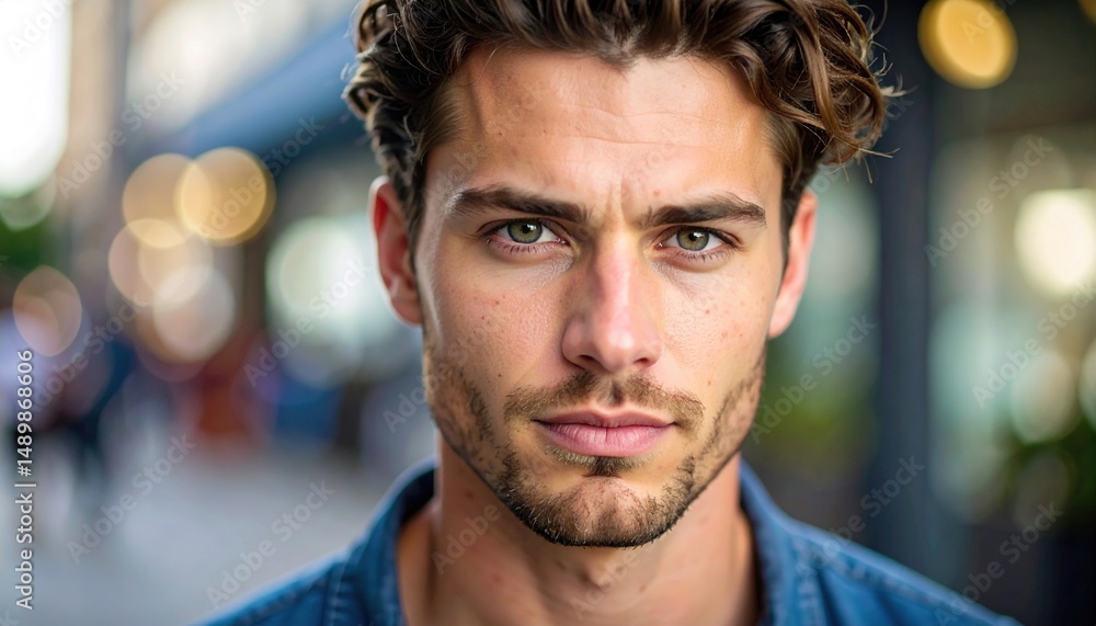 Close-up portrait of a man with a serious expression. Close-up portrait of a man with a serious expression.
