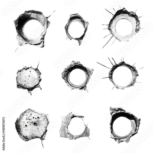 Twelve Bullet Holes, Metal Texture, Abstract Art, Isolated on Transparent Background, Bullet holes, impact, metal