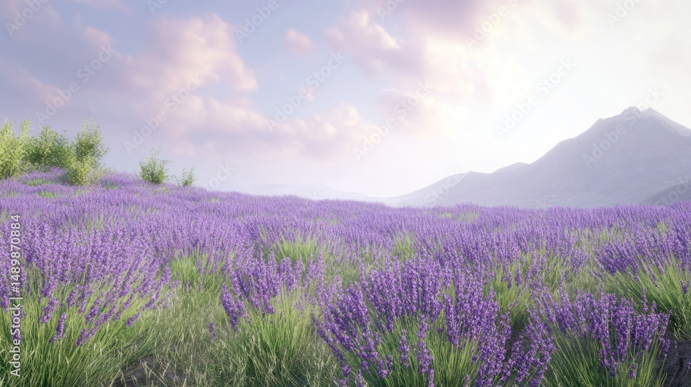 Fototapeta premium Lavender field sunset, mountain backdrop, peaceful nature scene, travel