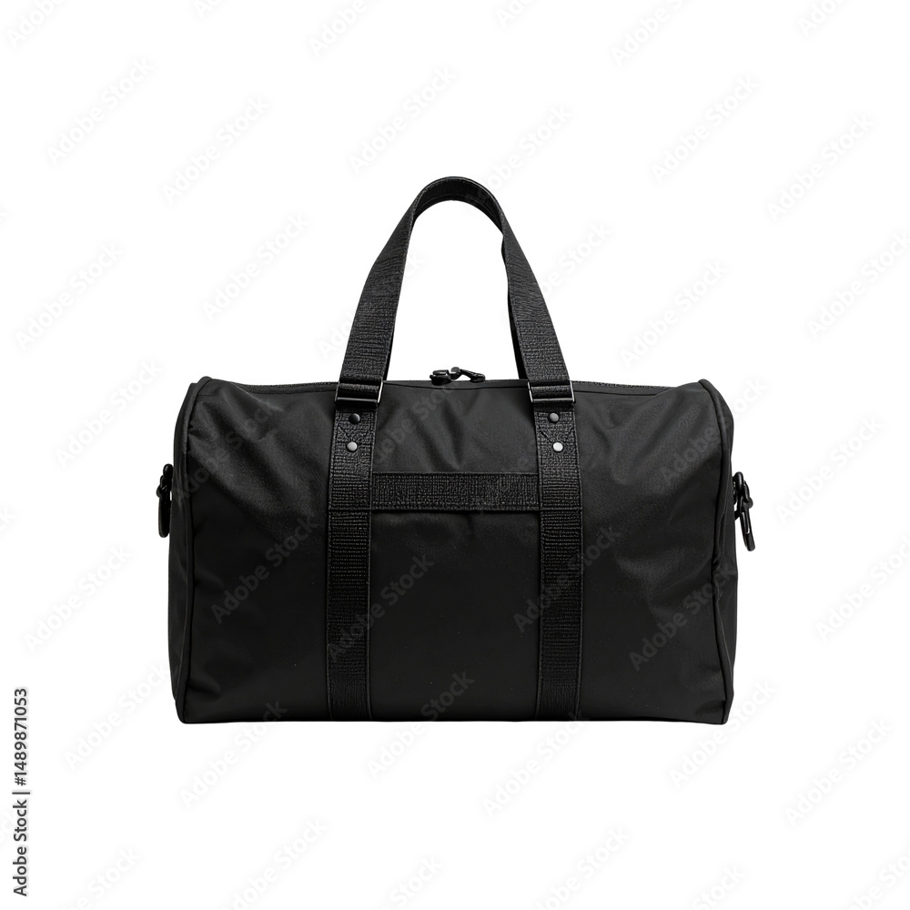 Stylish black travel duffle bag isolated on black gym on transparent background Stylish black travel duffle bag isolated on black gym on transparent background