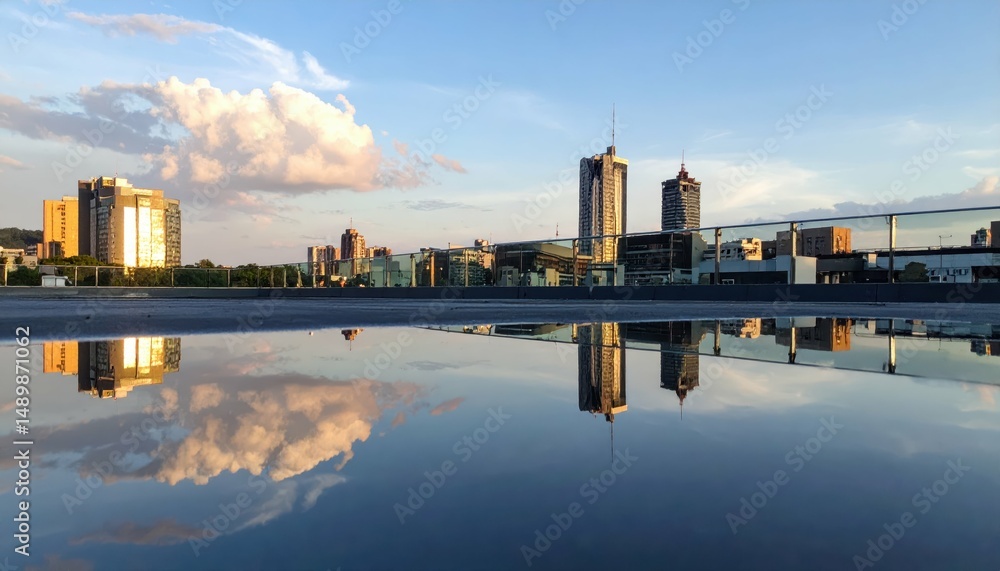Fototapeta premium Sunset Reflection on Rooftop Surface with Cityscape View
