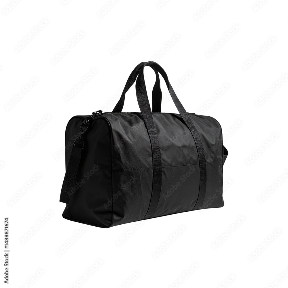 Fototapeta premium Stylish black travel duffle bag isolated on black gym on transparent background